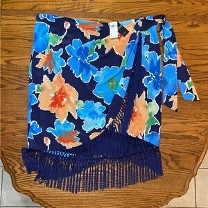 NWT Lauren Ralph Lauren Blue Wrap Floral Print Skirt With Fringe size 22W